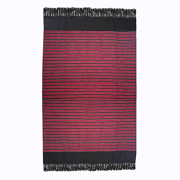 Superb Vintage Wool Blanket Black with Red and Turquoise Green Stripes