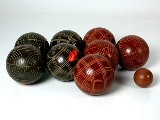 Vintage 1950s Sportscraft red and green Bocce Ball Set made in Italy, circa 1950.
