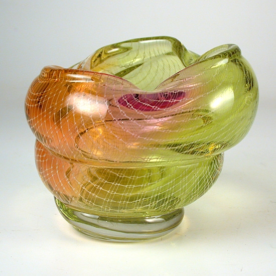 1950s Czech Art Glass Bowl Tricolour Encased Mesh