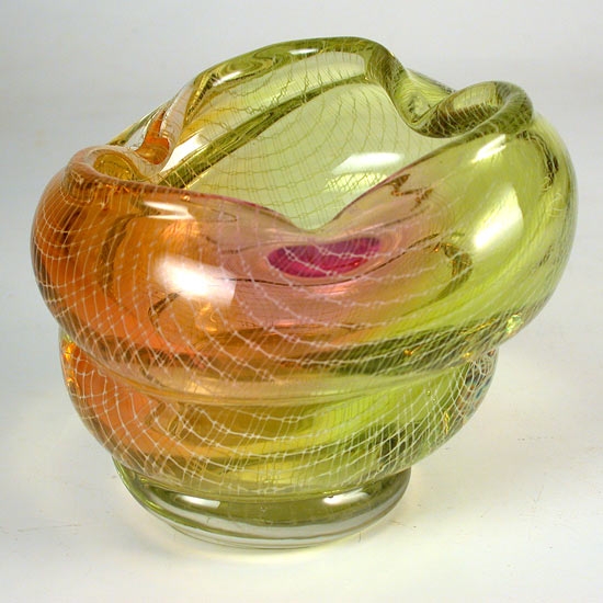 1950s Czech Art Glass Bowl Tricolour Encased Mesh