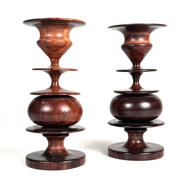Modernist Turned Rosewood Candle Holders