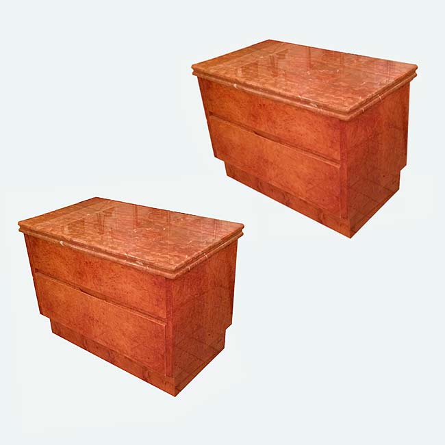 Nightstands, Bedside Tables, Marble Top Burlwood, 1980s Postmodern