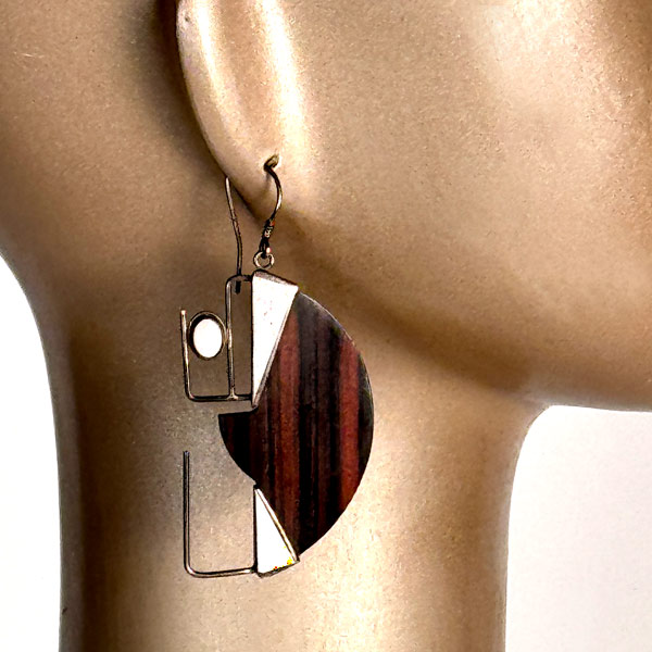 Modernist Sterling Rosewood and Natural Stone Earrings