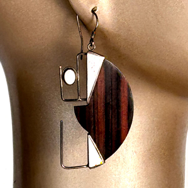 Modernist Sterling Rosewood and Natural Stone Earrings