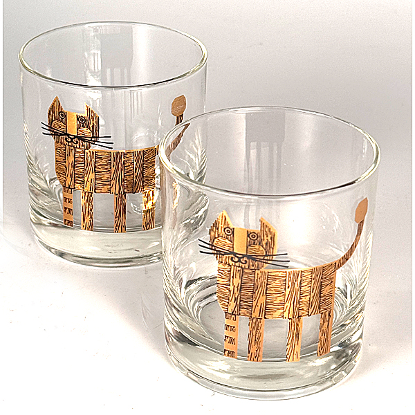 1950s USA Couroc Gold Cat Rocks Glass MCM Glassware