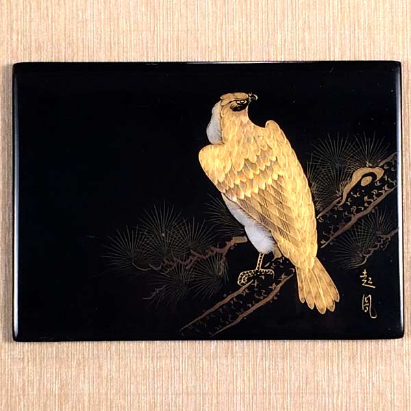 50s Japan Black & Gold Lacquer Panel Bird Raptor on Pine Branch