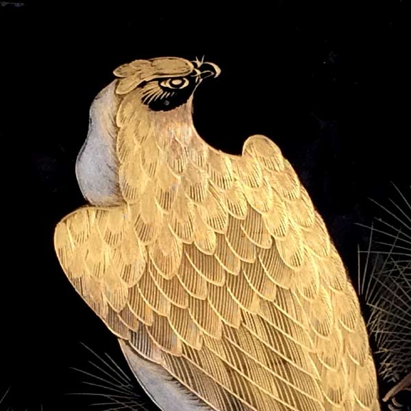 50s Japan Black & Gold Lacquer Panel Bird Raptor on Pine Branch