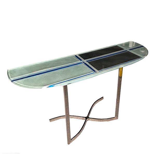 Console Table, Silver & Blue Cameo Glass & Chrome, Postmodern